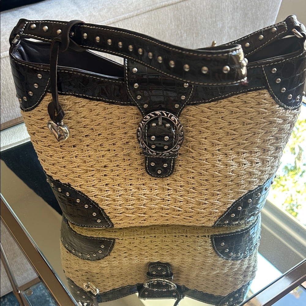 Brighton Woven Straw handbag With Studded Silver Details and Brown Leather